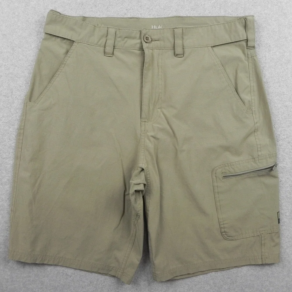 Huk Fishing Shorts Mens Large Khaki Tan Stretch Cargo Performance Hybrid Pockets